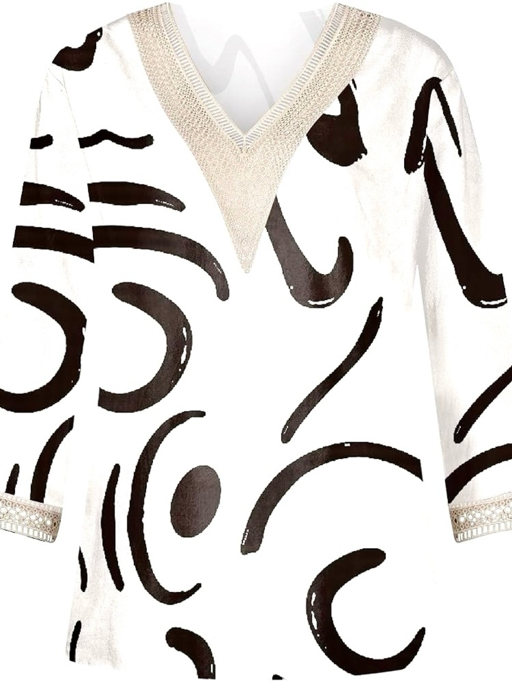 Women's Abstract V-Neck Tunic Top - White & Black - Picture 4 of 5